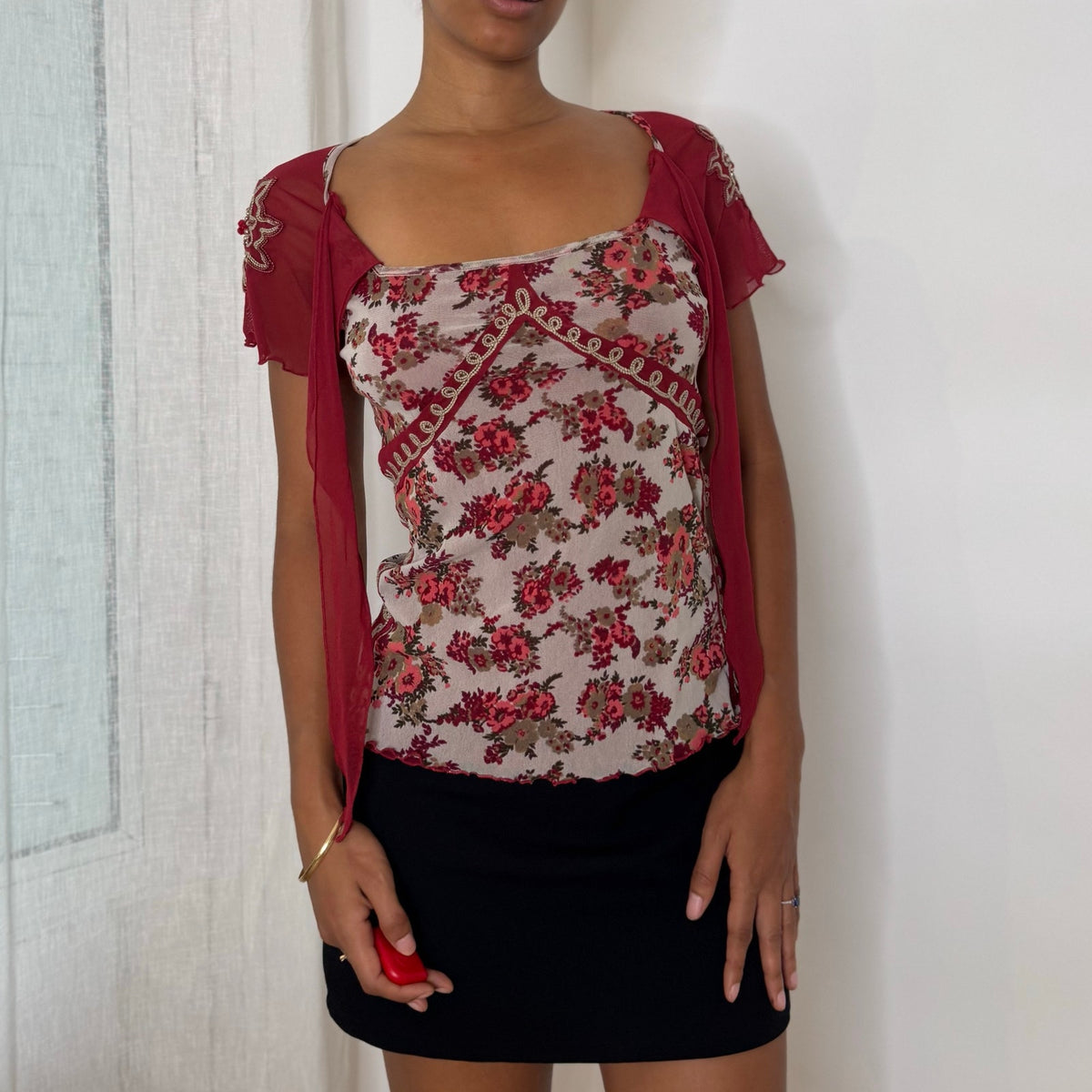 Italian vintage Y2K burgundy floral mesh top with beaded embroidered sleeves and tie-front neckline