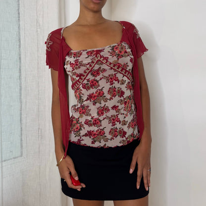 Italian vintage Y2K burgundy floral mesh top with beaded embroidered sleeves and tie-front neckline
