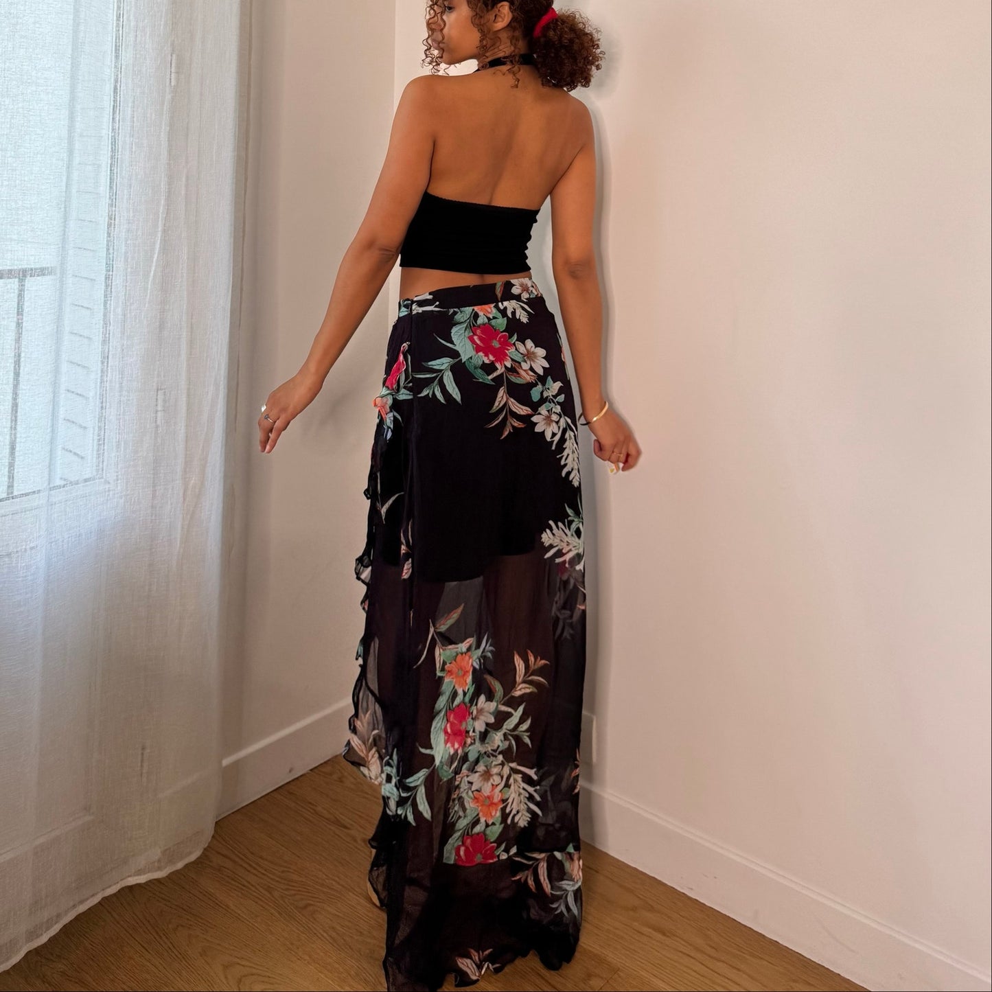 Vintage Guess Black Red Green Floral Asymmetrical Maxi Skirt Y2K (XS/S)