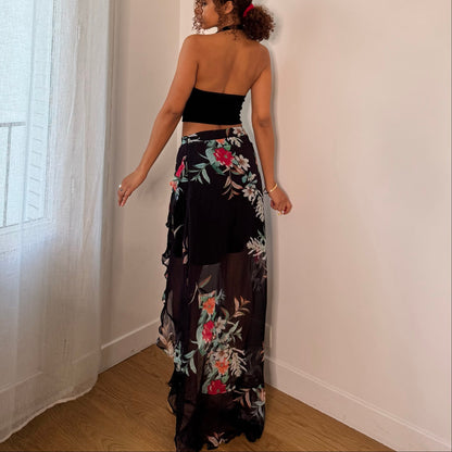 Vintage Guess Black Red Green Floral Asymmetrical Maxi Skirt Y2K (XS/S)