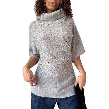 Vintage Italian Grey Sequin Embellished Knit Turtleneck Sweater Wool Angora Blend (S/M)