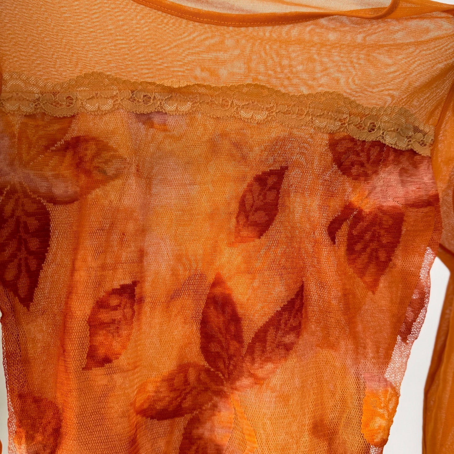Vintage Orange Floral Layered Mesh Lace Long Sleeve Top Made in France Y2K (S)