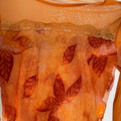 Vintage Orange Floral Layered Mesh Lace Long Sleeve Top Made in France Y2K (S)