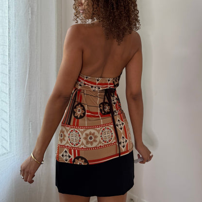 Vintage Brown Orange Red Beige Abstract Halter Backless Slinky Top Italian Y2K (M)