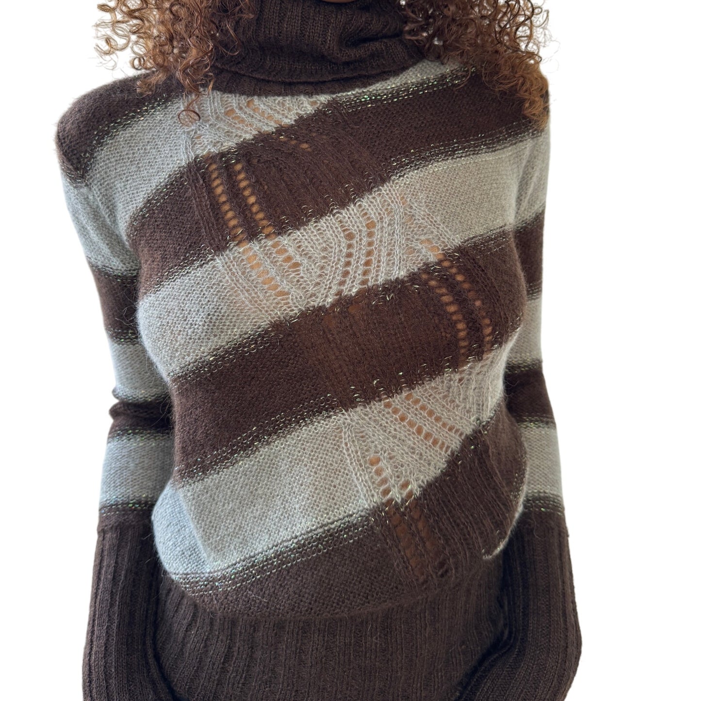 Vintage Muchacha brown & taupe diagonal stripe mohair-blend turtleneck with metallic thread (Small)