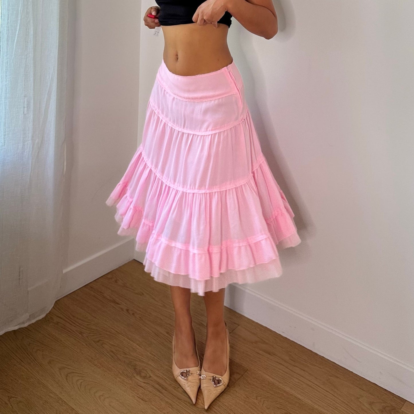 Vintage Baby Pink Tiered Ruffle Mesh Midi Skirt French Y2K (XS/S)