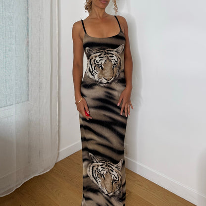Italian Vintage Brown Black Tiger Print Mesh Double Lined Bodycon Maxi Dress