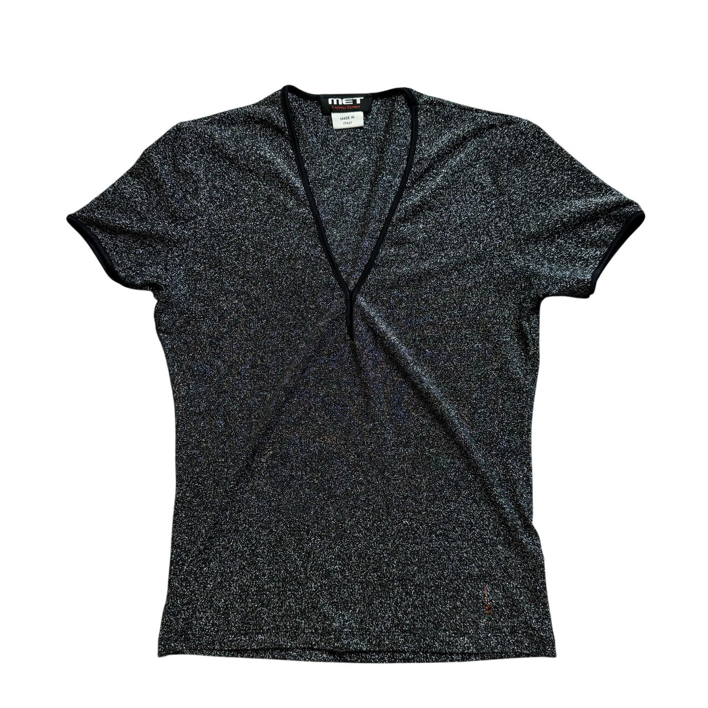 Italian Y2K Black Mesh Short Sleeves Blouse with Silver Sparkles (S)