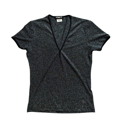 Italian Y2K Black Mesh Short Sleeves Blouse with Silver Sparkles (S)