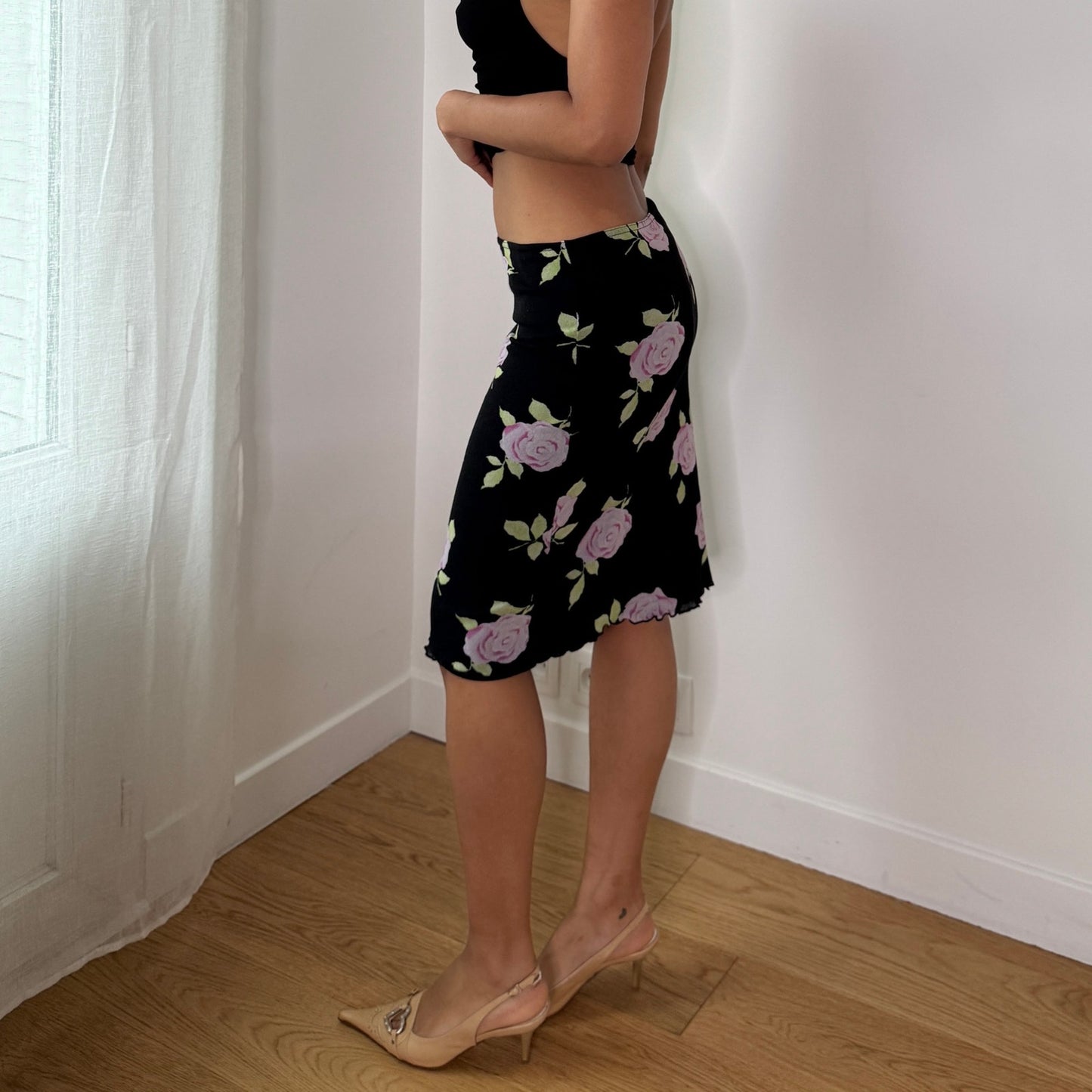 Vintage Black Pink Rose Mesh Midi Skirt Floral Y2K Pencil Skirt (S) ⠀