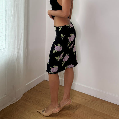 Vintage Black Pink Rose Mesh Midi Skirt Floral Y2K Pencil Skirt (S) ⠀