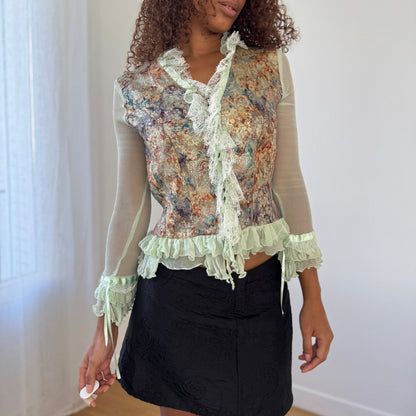 Vintage Designer Brocade & Mesh Ruffle Top Sheer Sleeves Lace Trim Romantic (S/M)