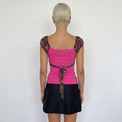 Vintage Pink Floral Mesh Tie Back Top Slinky Y2K Euro Cami (XS/S)
