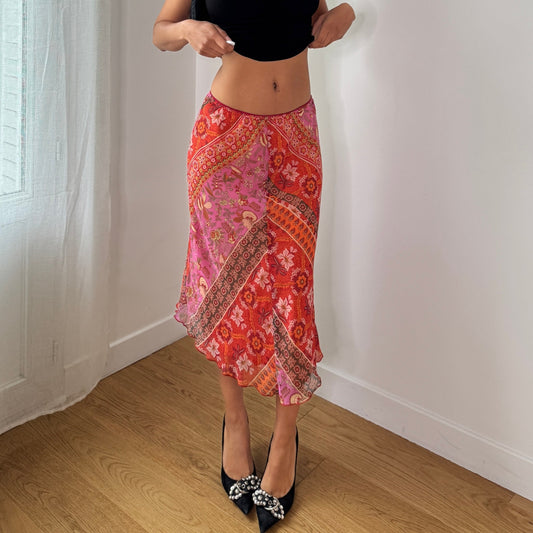 Vintage Patchwork Floral Mesh Midi Skirt Y2K Boho Fairy Skirt (S) ⠀