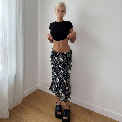 Vintage Italian Black Swirl Mesh Midi Skirt Y2K Sheer Layered Skirt (S)