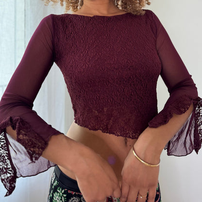 Vintage Burgundy Sheer Lace Mesh Crop Top Bell Sleeve Italian Y2K (S)