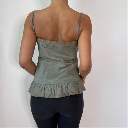 Vintage Sage Green Cotton Cami Top Lace Trim Ruffle Hem Italian Y2K (S/M)