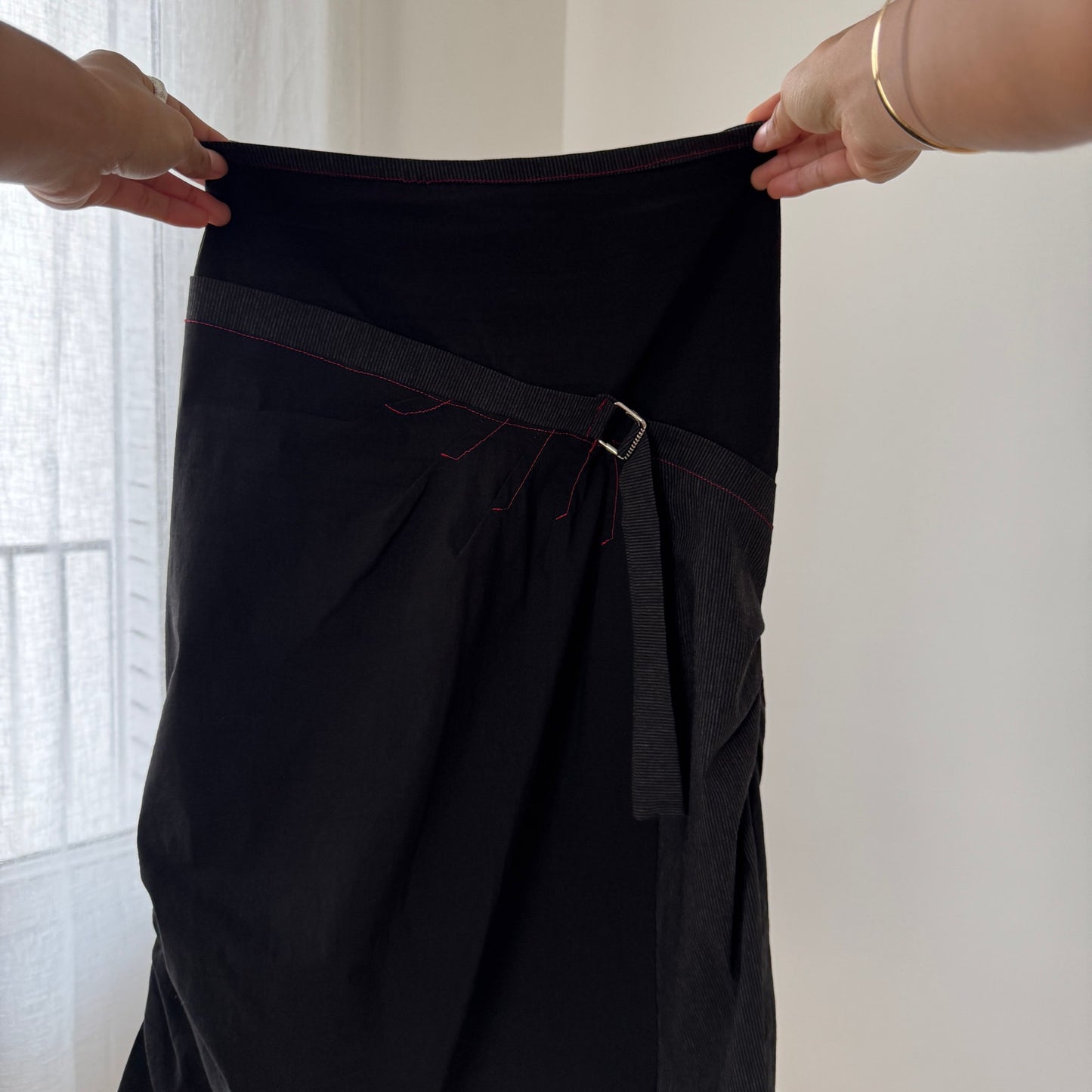 Vintage French black asymmetric wrap-style midi skirt with contrast stitching (XS/S)