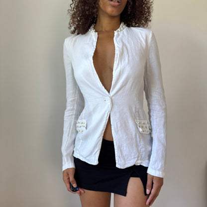 Vintage Euro White Linen Blazer with Pearl and Stud Detail (S)