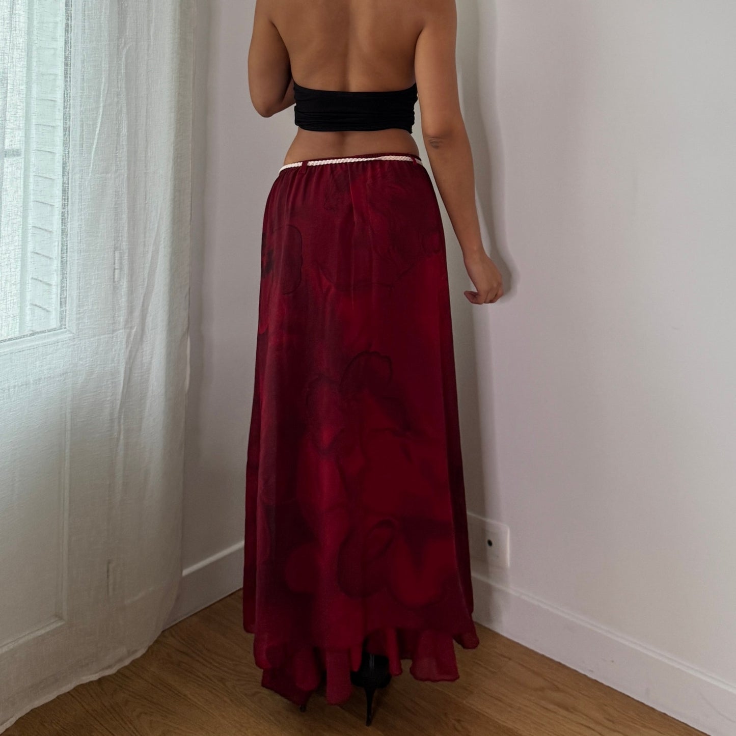 Vintage Burgundy Mesh Maxi Skirt Sheer Layer Y2K Italian Skirt (S) ⠀