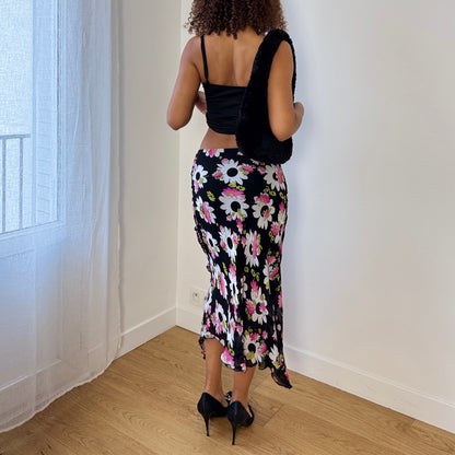 Vintage Italian Black Daisy Floral Mesh Midi Skirt Asymmetrical Ruffle Trim (S)