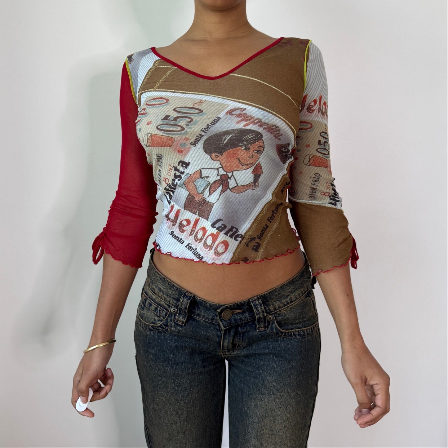 Vintage Sonia Fortuna La Fiesta Mesh Top Italian Graphic Y2K Sheer Top (S) ⠀