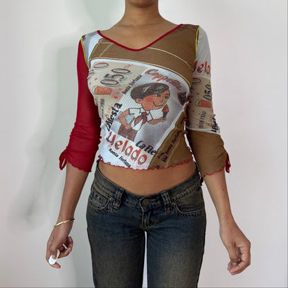 Vintage Sonia Fortuna La Fiesta Mesh Top Italian Graphic Y2K Sheer Top (S) ⠀