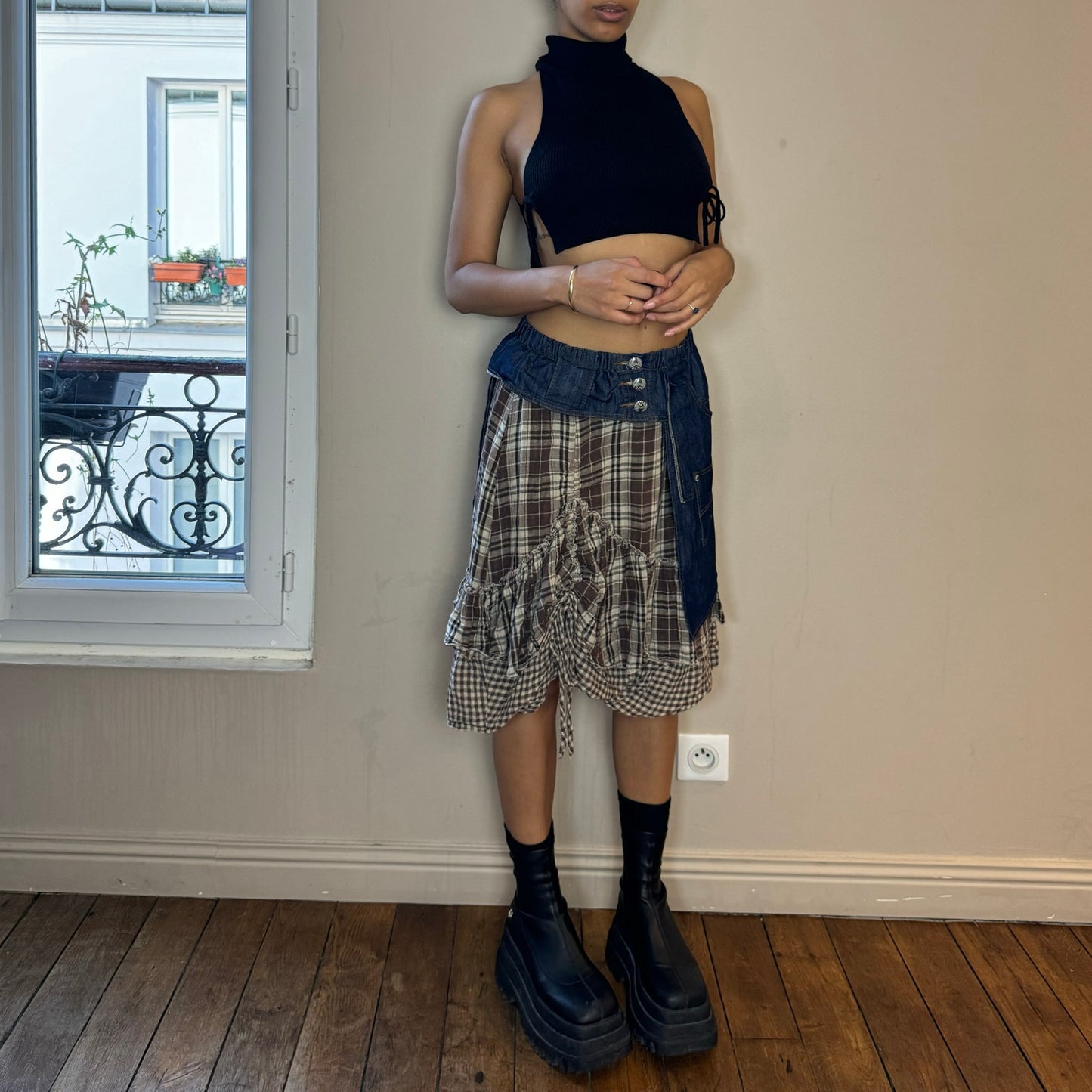 Vintage 00s plaid midi skirt with denim waistband and back (XS/S)