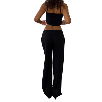 Vintage Euro Black Tonal Pinstripe Low Rise Wide Leg Trousers (Small)