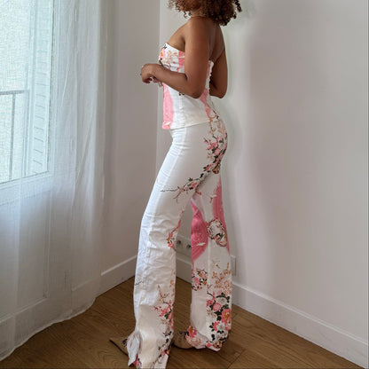 Vintage White Pink Floral Bustier & Pants Set Cotton Spanish Y2K (XS/S)