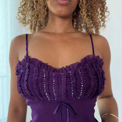 Vintage Purple Sequins Ruffle Mesh Cami Top Euro Y2K (S/M)