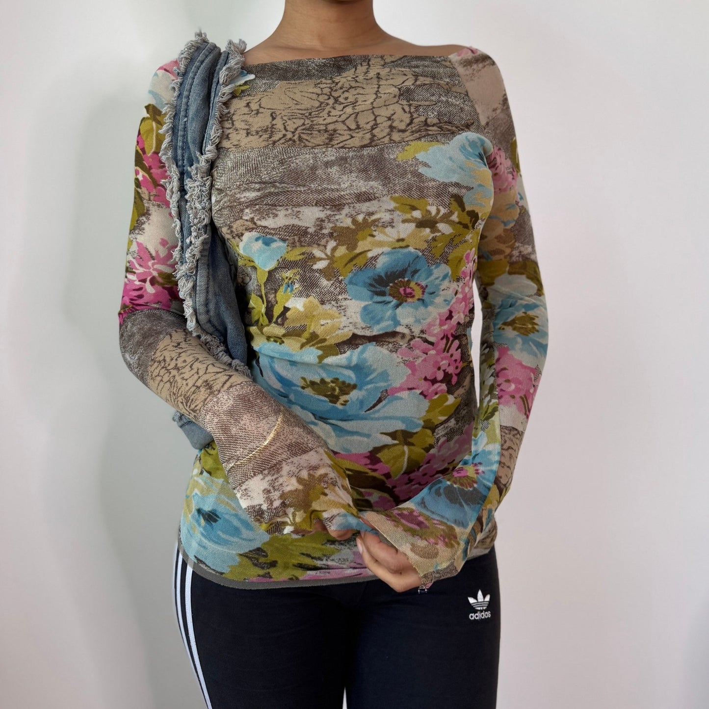 Vintage Blue Pink Floral Mesh Top Layered Sheer Y2K Euro Top (S) ⠀
