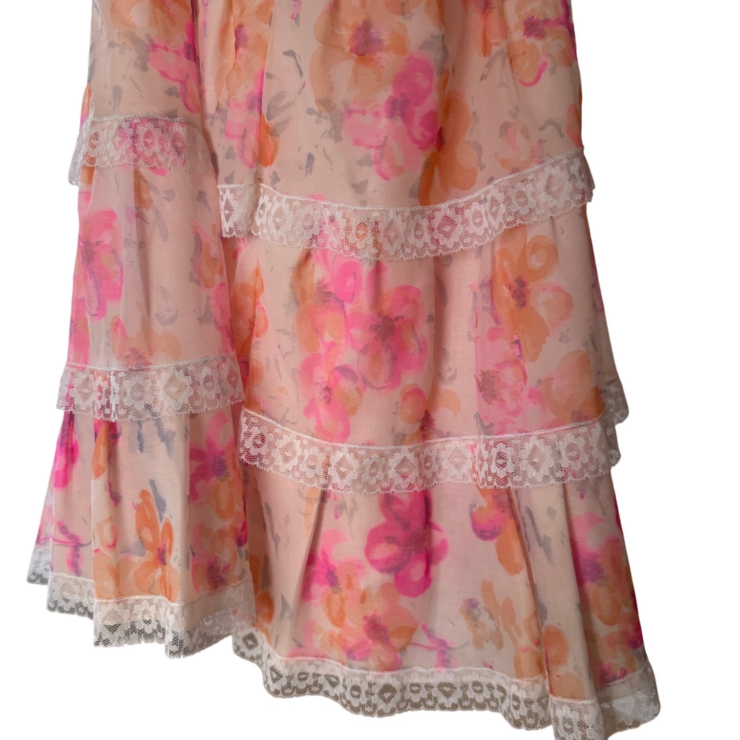 Vintage Euro floral mesh tiered lace-trim semi-sheer midi skirt (XS/S)