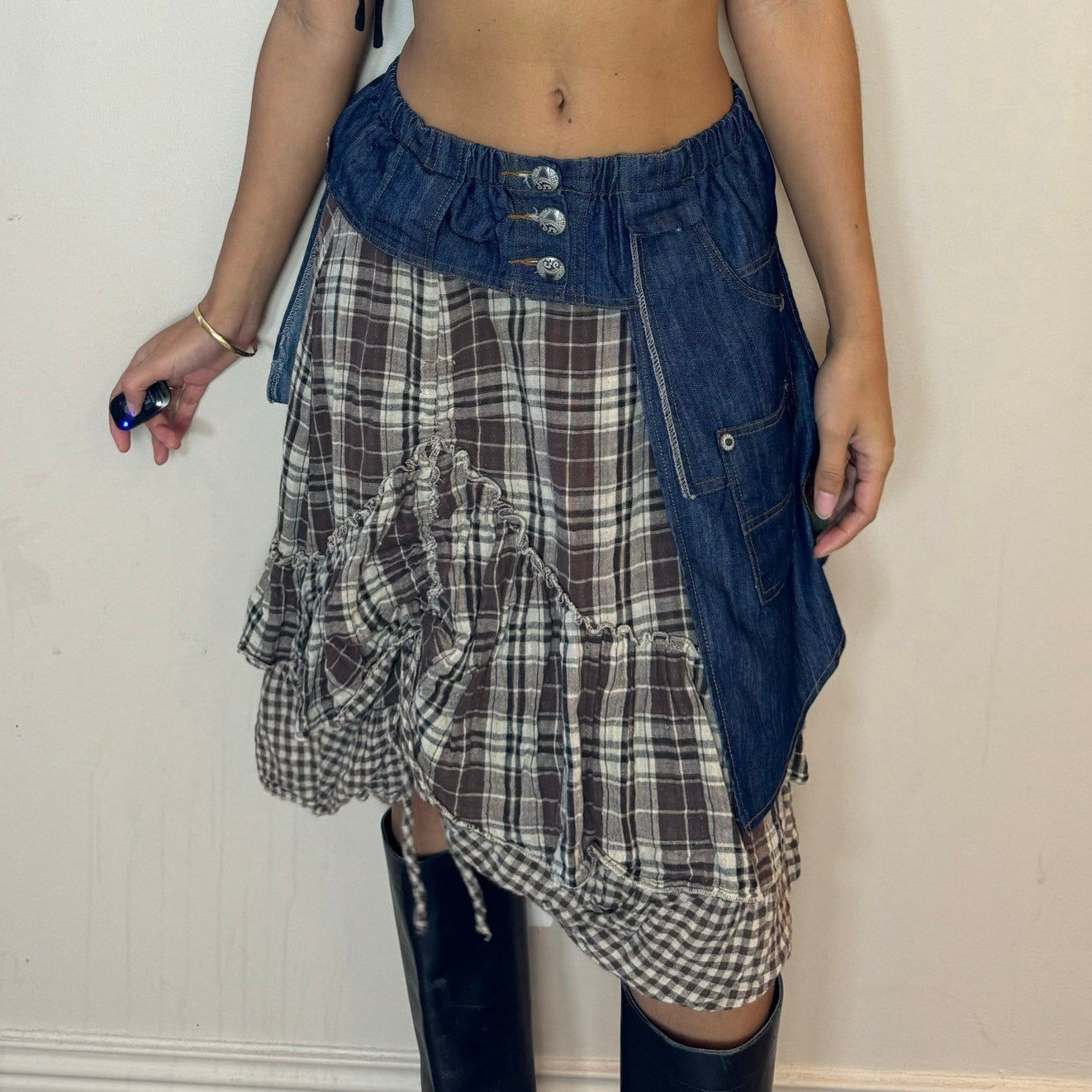 Vintage 00s plaid midi skirt with denim waistband and back (XS/S)