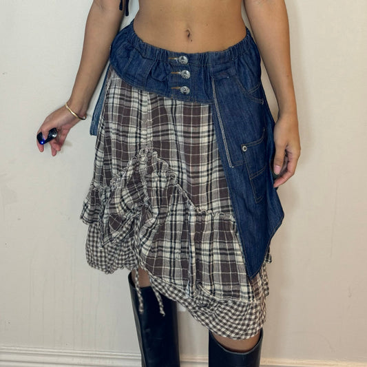 Vintage 00s plaid midi skirt with denim waistband and back (XS/S)