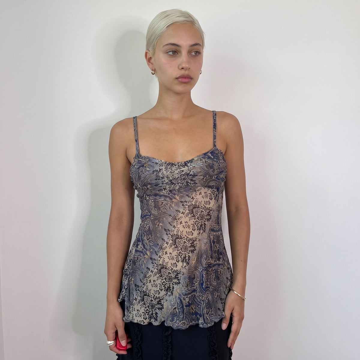 Vintage Blue Beige Paisley Mesh Cami Top Floral Handkerchief Hem Y2K (S)