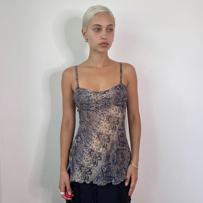 Vintage Blue Beige Paisley Mesh Cami Top Floral Handkerchief Hem Y2K (S)