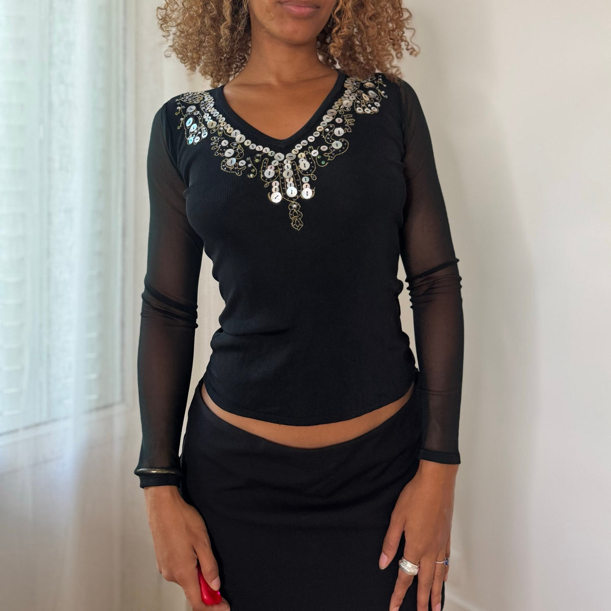 Vintage Black Sequin Embellished Mesh Sleeve Top (S)