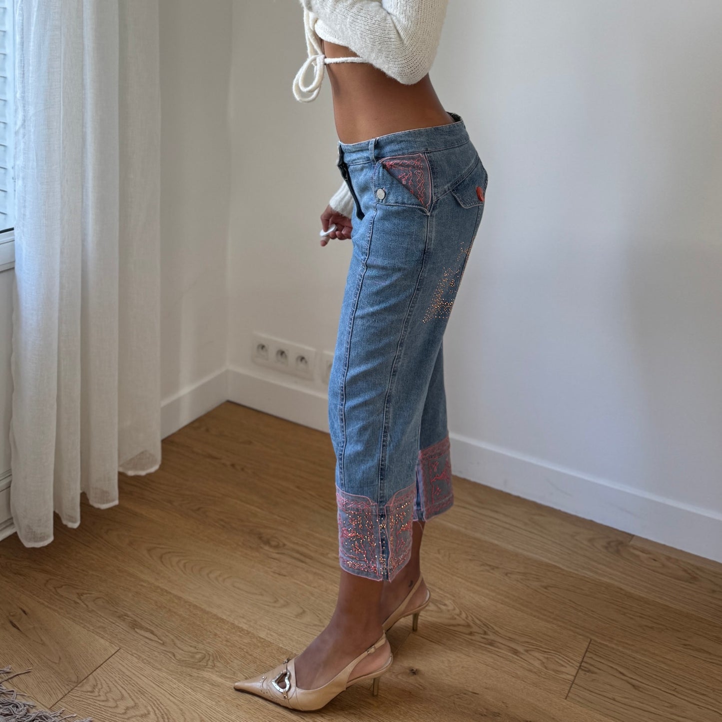 Vintage Italian Designer Embroidered Denim Cropped Pants Beaded Detail (S)