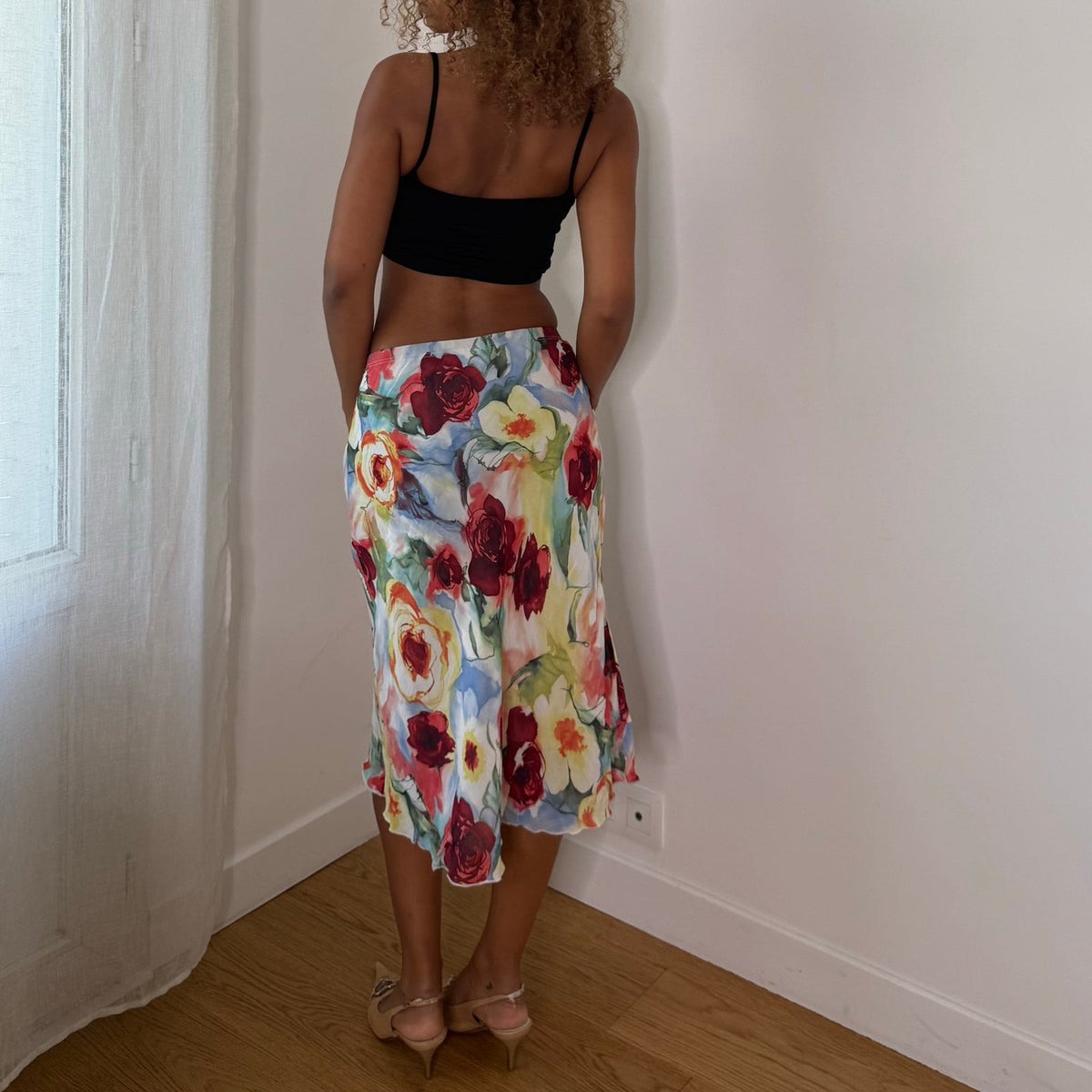 European vintage floral print mesh midi skirt with ruffled hem