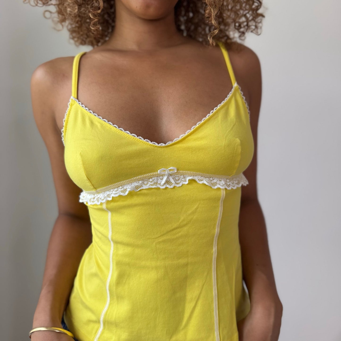 Intimissimi Yellow Lace Trim Cami Top Cotton Ribbed Y2K (S)