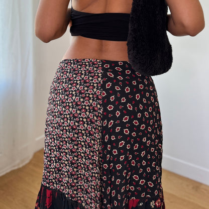 Vintage Black Red Patchwork Mesh Maxi Skirt Floral Plaid Italy Y2K (S)