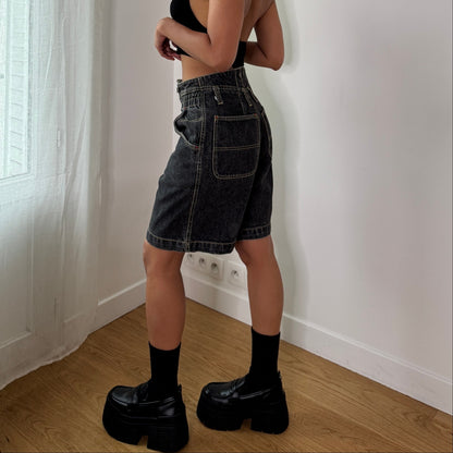 Vintage Dark Wash Denim Culotte Shorts Euro Y2K Wide Leg Jorts (S) ⠀