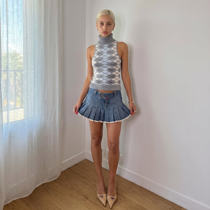 Vintage Italian Blue Denim Pleated Micro Mini Skirt Y2K (S)