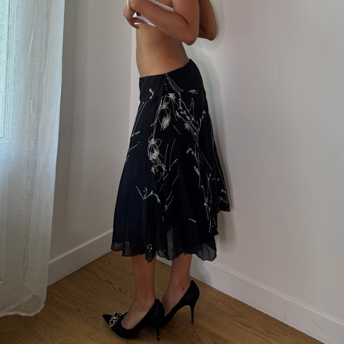 Vintage Black White Abstract Mesh Midi Skirt Italian Y2K (S/M)