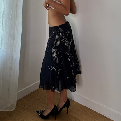 Vintage Black White Abstract Mesh Midi Skirt Italian Y2K (S/M)