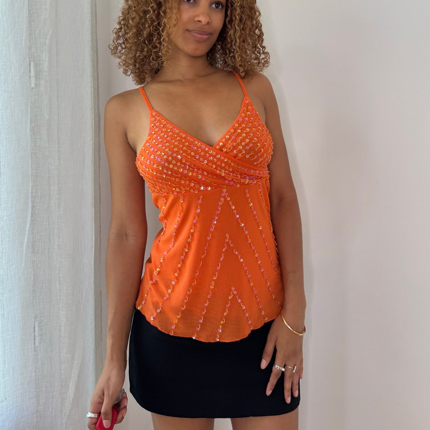 Vintage Orange Iridescent Sequin Layered Mesh Cami Top Italian Y2K (S)