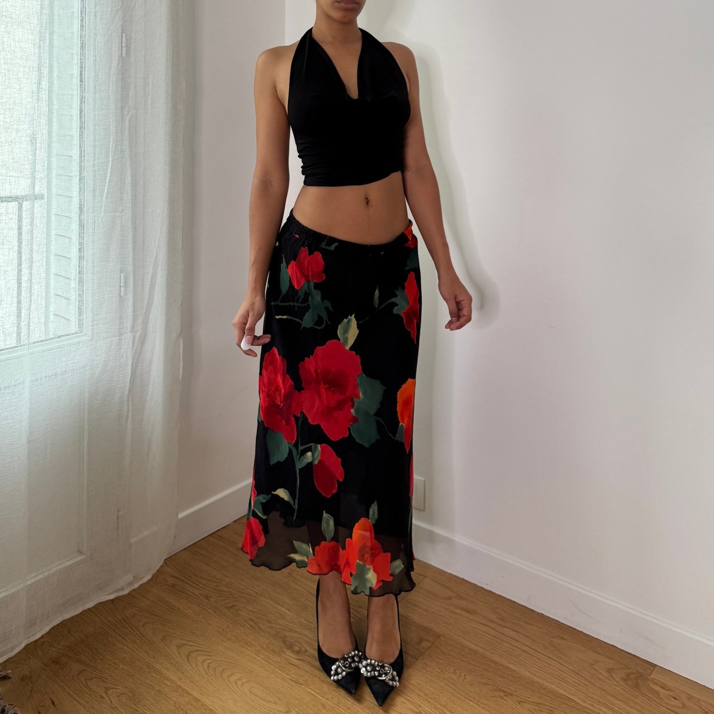 Vintage Black Red Rose Mesh Midi Skirt Sheer Floral Y2K Skirt (S) ⠀
