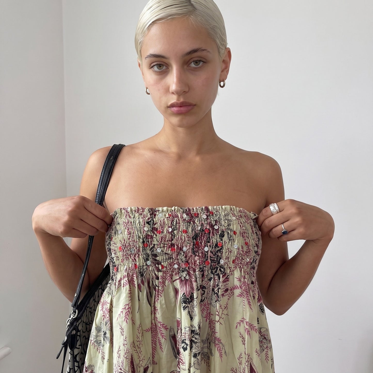 Vintage Floral Sequin Smocked Bandeau Babydoll Top Euro Y2K (S/M)