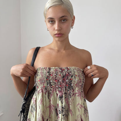 Vintage Floral Sequin Smocked Bandeau Babydoll Top Euro Y2K (S/M)